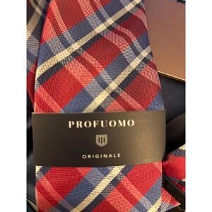 NWTO Silk neck‎ tie by Profuomo Italy preppy classic old money plaid red blue